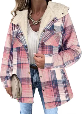 Womens Plaid Shacket Jacket Long Sleeve Button Down Fleece Hooded Jacket Warm Coat Casual Sherpa Fleece Lined Jacket