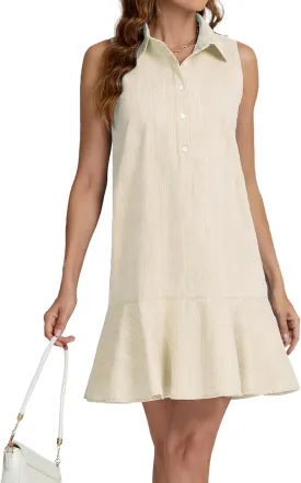 Womens Sleeveless Shirt Dress Ruffle Hem Cotton Tunic Tank Dress Button Up Swing Shift Mini Dresses