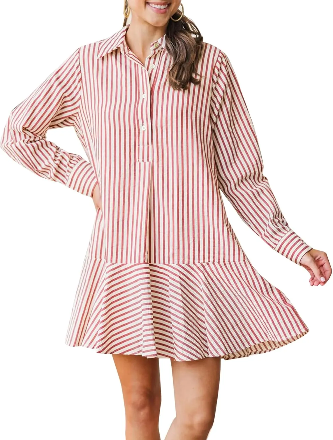 Womens Striped Shirt Mini Dress Long Sleeve Collared Ruffle Hem Button Up Tunic Flowy Swing Dresses