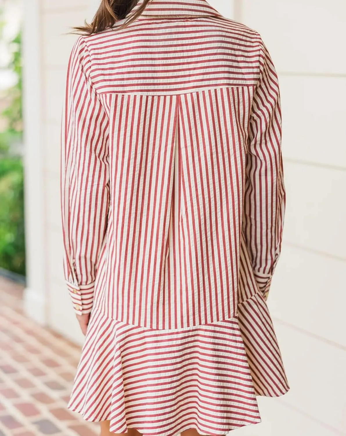 Womens Striped Shirt Mini Dress Long Sleeve Collared Ruffle Hem Button Up Tunic Flowy Swing Dresses