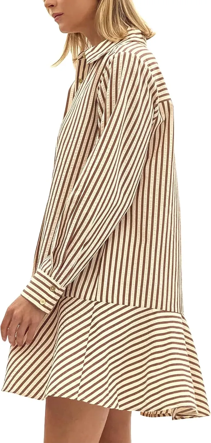 Womens Striped Shirt Mini Dress Long Sleeve Collared Ruffle Hem Button Up Tunic Flowy Swing Dresses