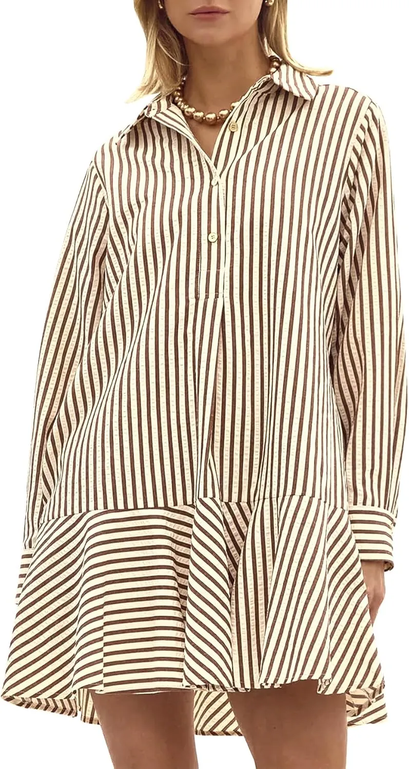 Womens Striped Shirt Mini Dress Long Sleeve Collared Ruffle Hem Button Up Tunic Flowy Swing Dresses