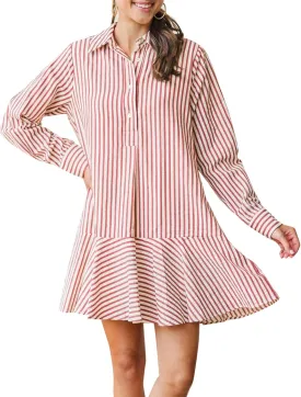 Womens Striped Shirt Mini Dress Long Sleeve Collared Ruffle Hem Button Up Tunic Flowy Swing Dresses