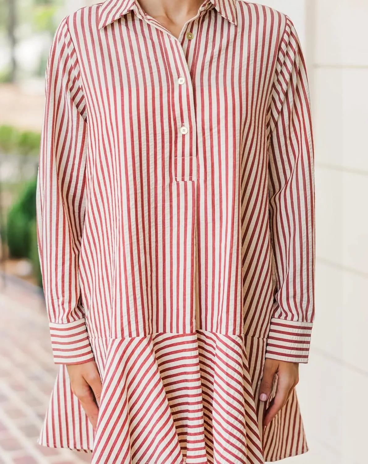 Womens Striped Shirt Mini Dress Long Sleeve Collared Ruffle Hem Button Up Tunic Flowy Swing Dresses