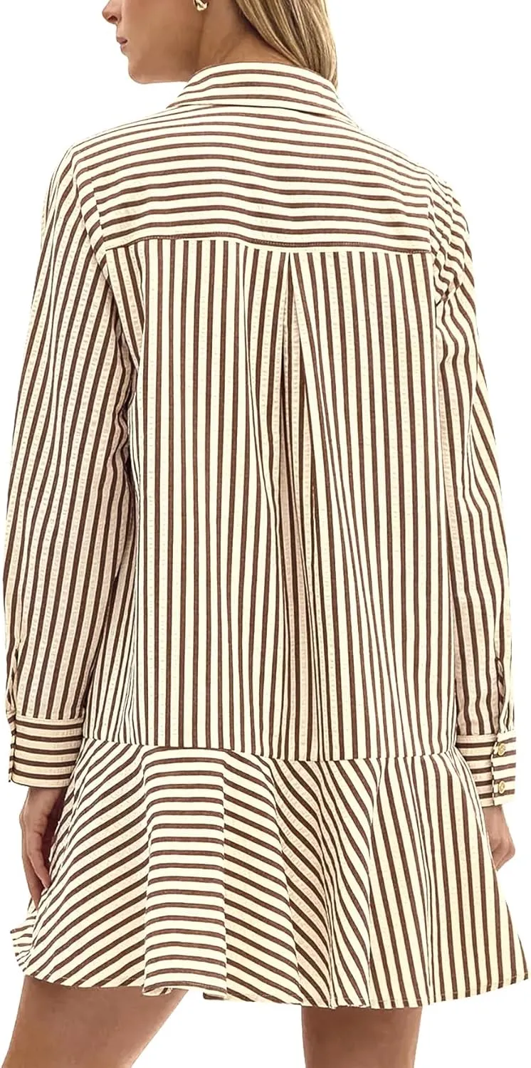 Womens Striped Shirt Mini Dress Long Sleeve Collared Ruffle Hem Button Up Tunic Flowy Swing Dresses