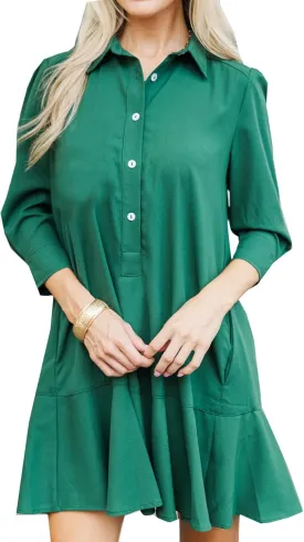 Womens Tunic Shirt Mini Dress Long Sleeve Cotton Short Dress Button Up Ruffle Hem Shift Dresses