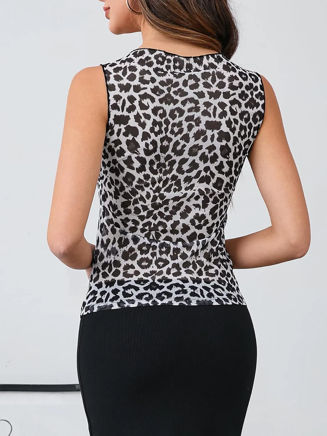 Women's Y2K Leopard Print Tank Top Mesh See Through Cowl Neck Sleeveless Crop Tops Sexy Sheer Cheetah Print Tank Top