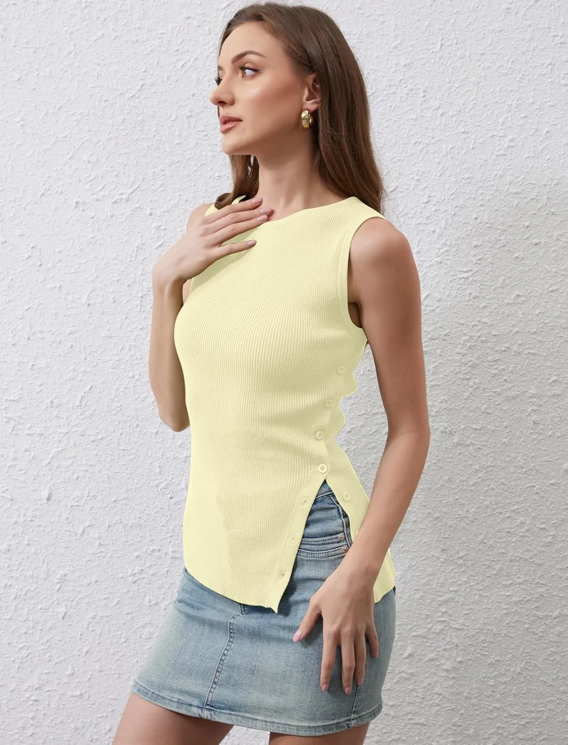 Ythomm Womens Asymmetrical Side-Button Slit Tank Tops Sleeveless Boat Neck Ribbed Knit Sweater Vest Solid Slim Going Out Tops