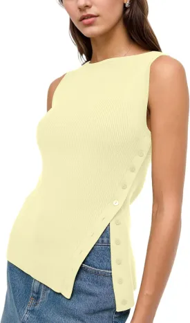 Ythomm Womens Asymmetrical Side-Button Slit Tank Tops Sleeveless Boat Neck Ribbed Knit Sweater Vest Solid Slim Going Out Tops